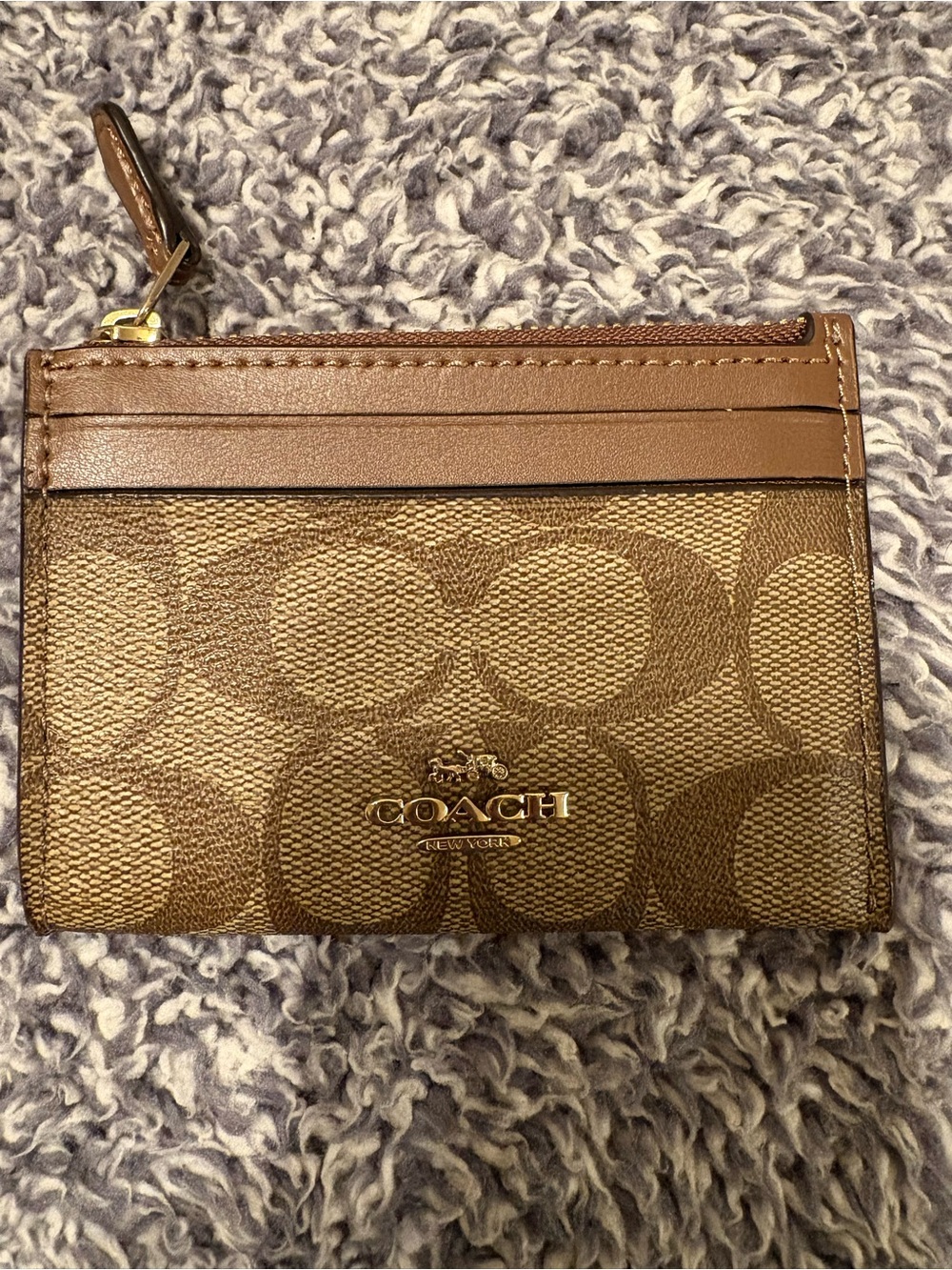Coach Brown Signature Zip Card Case & Key Holder with Gold Logo